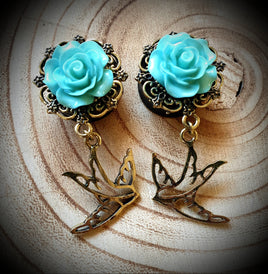3D Rose with Dangly Swallow Plugs ↠ Blue ~ Pair