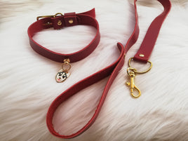 Red & Gold Leather Husky Collar & Leash Set