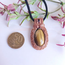 Tiger Eye & Red Garnet in Copper Pendant Necklace