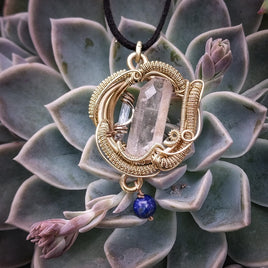 Clear Quartz, Aquamarine & Lapis Lazuli In Brass Pendant
