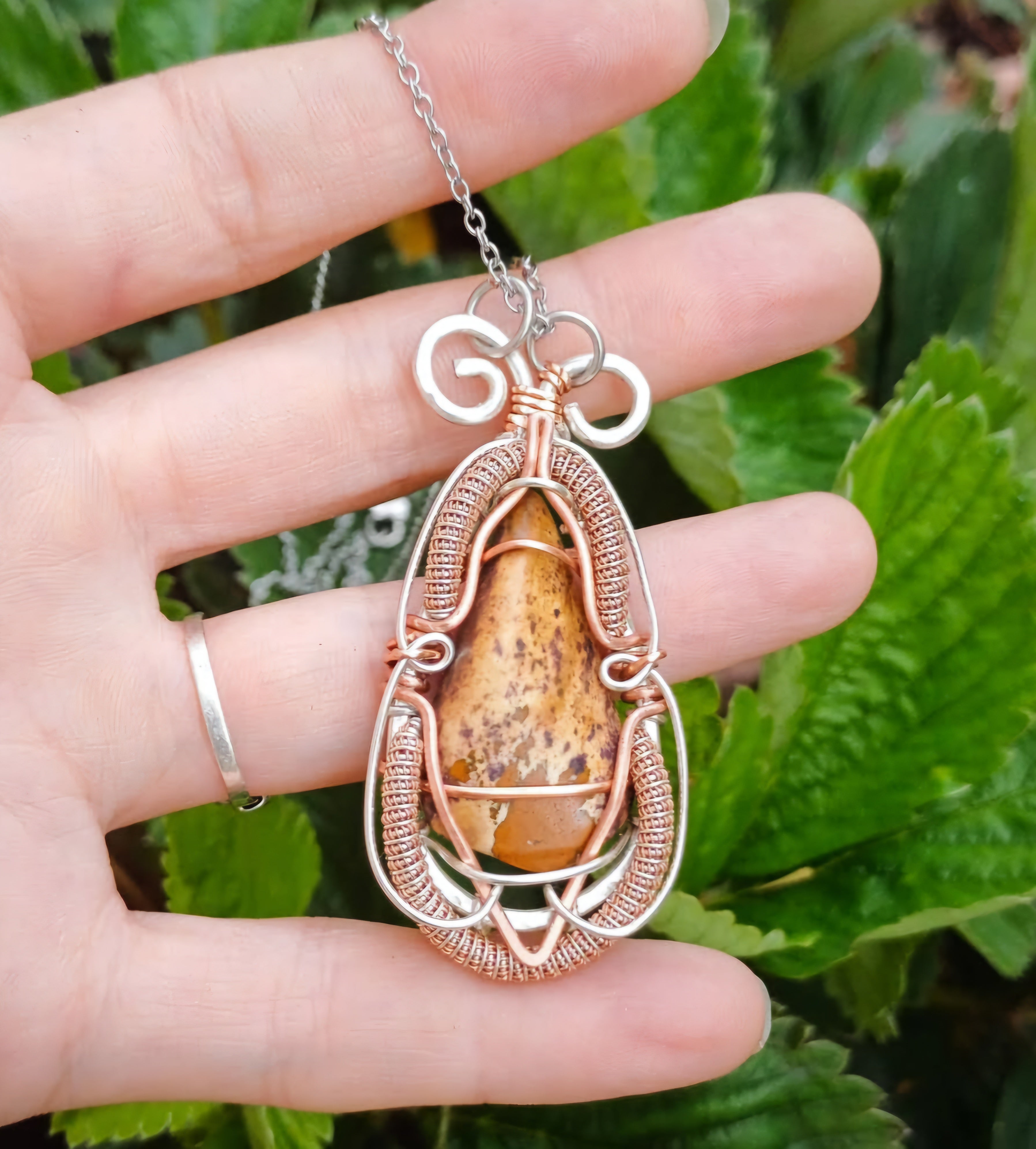 Large Two-Tone Copper Wire Pendant With Tumbled Picture Jasper