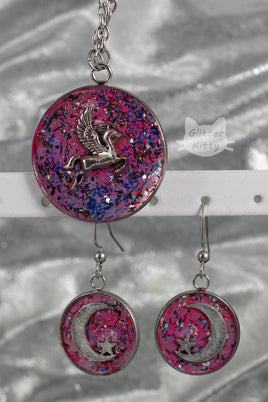 Glitter Pegasus & Glittery Moon Necklace & Earrings Combo