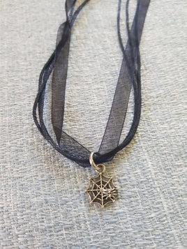 Spiderweb Charm On Black Ribbon Necklace
