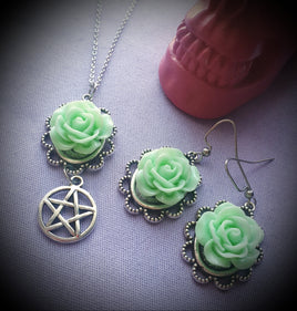 Rose & Pentagram Necklace & Earrings Matching Set
