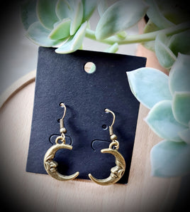 Crescent Moon Face Bronze Earrings