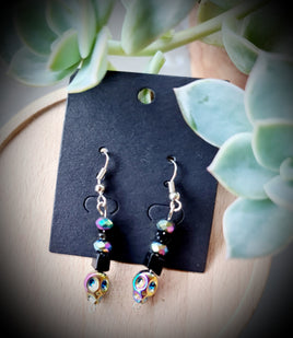 Holographic Skull Fire Aura Black Onyx Earrings