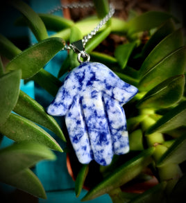 Carved Sodalite Hamsa Hand Crystal Necklace