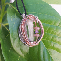 Clear Quartz With Strawberry Quartz & Amethyst Chips in Copper & Silver Coloured Copper Pendant