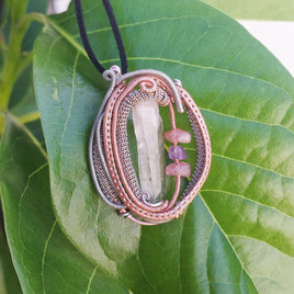 Clear Quartz With Strawberry Quartz & Amethyst Chips in Copper & Silver Coloured Copper Pendant